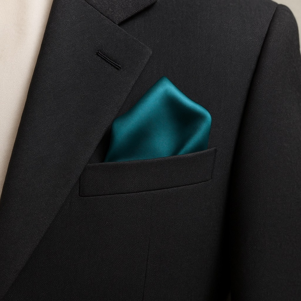 Vintage 17”x17”square silk pocket square in a rich teal blue color.